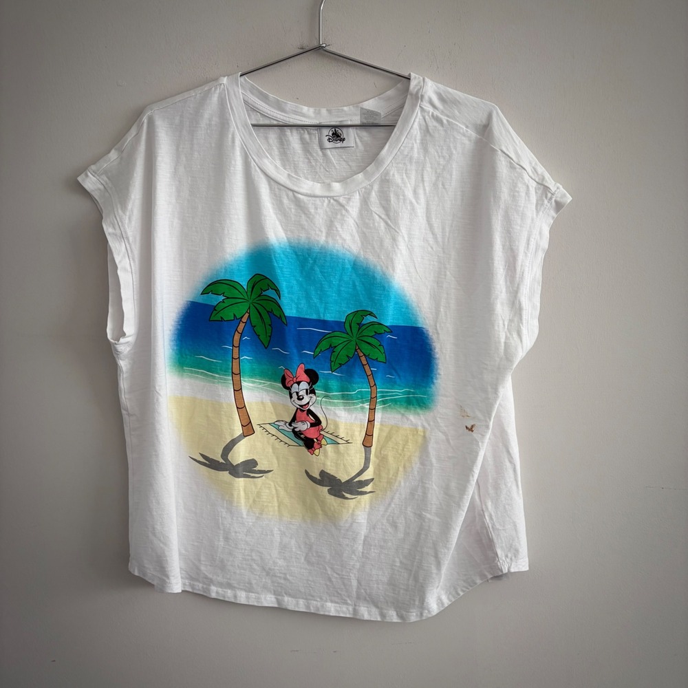Disney Minnie Mouse Beach Palm Trees White Graphic T-Shirt XL